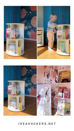 there is a collage of pictures with books on the shelves and a baby standing in it