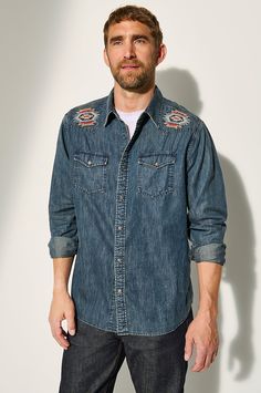 The Livingston offers laid-back comfort with some serious curb appeal. This cool classic is infused with southwest vibes; sun-inspired embroidery across the yokes, timeless western stylings, flap chest pockets, and nickel bison snaps set the tone. Made from cotton-blend twill and heavily distressed for extra swagger, this carefree style with charisma was made for taking in the view. Goes great with your favorite jeans. Southwest Vibes, Carefree Style, Resort Outfit, Sheepskin Coat, Western Shirt, Livingston, Western Shirts, The View, Leather Coat