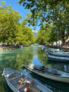 several boats are docked on the water near some trees and people walking down the sidewalk