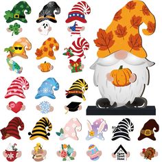 an assortment of hats and gnomes are shown on a white background with clipping