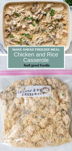 chicken and rice casserole in a plastic bag with the words make ahead freezer meal