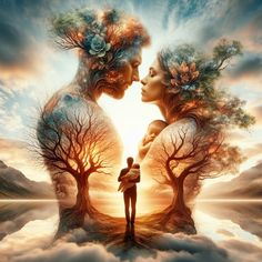 two people standing in front of trees with the sun setting behind them and clouds surrounding them