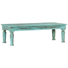 an old wooden table with two legs and a blue finish on the top, against a white background