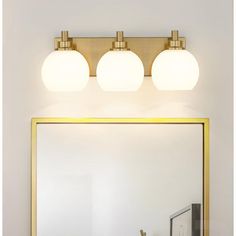 a bathroom mirror with three lights above it