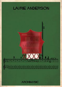 a book cover with an image of a red building and music notes on the front