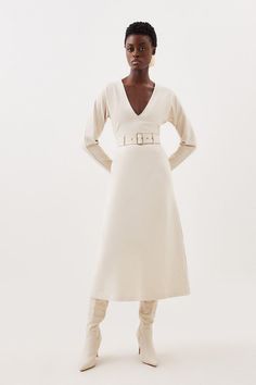 Time Elegance Exudes From This Dress, Crafted From Ponte That Sculpts The Bodice From A Plunging Neckline To Long Sleeves. Cut By A A-Line Skirt And Belted Waist Design, Pair This Dress With Boots Or Heels For An Ensemble That Can Go From Day To Night.Long Sleevesplunge Neckbeltedponte