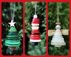 three different christmas tree ornaments hanging from trees