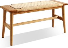 a wooden bench with woven seat padding on the top and bottom legs, against a white background