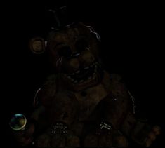 a creepy looking teddy bear sitting in the dark