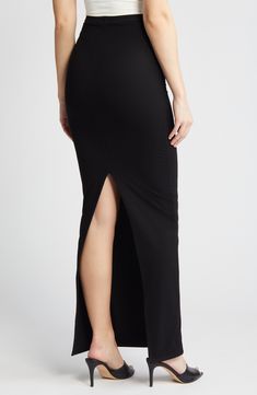 Keep your look captivating in a second-skin skirt with a soaring, high waistband that creates a shapely, sultry appearance. Pull-on style 87% rayon, 13% spandex Hand wash, dry flat Imported Full-length Stretch Maxi Skirt With Side Slits, Fitted High Waist Maxi Skirt With Split Design, Stretch Maxi Skirt With Side Slits For Night Out, Fitted High Waist Maxi Skirt For Night Out, Full Length Stretch Maxi Skirt With Side Slits, Fitted Skirt With Split Design, Sleek Mini Skirt For Date Night, Elegant Stretch Bottoms With Split Design, High Waist Stretch Skirt With Side Slits