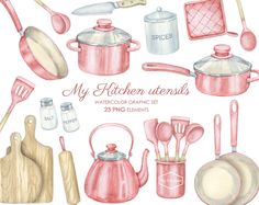 watercolor kitchen utensils clipart set with pink and white pots, pans, spatulas