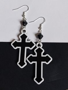 Large lightweight black cross dangle drop earrings with hypoallergenic and nickel free backs of your choice Hypoallergenic Punk Dangle Jewelry, Punk Hypoallergenic Dangle Jewelry, Black Emo Earrings For Gift, Black Edgy Dangle Earrings, Edgy Black Dangle Earrings, Alternative Style Handmade Black Jewelry, Nickel-free Black Punk Earrings, Nickel-free Black Punk Jewelry, Black Nickel-free Punk Earrings