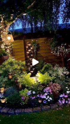 the garden is lit up with lights and flowers