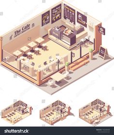 the interior of a coffee shop with tables and chairs - buildings objects 3d renders