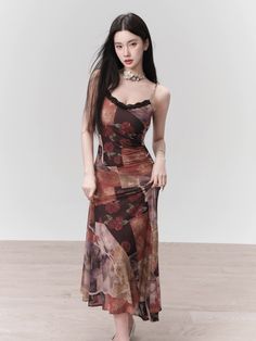 This romantic patchwork midi dress features a beautiful autumn floral print, adorned with delicate lace trim for a touch of elegance. The asymmetric hem adds a unique and stylish touch to this dress. Perfect for any occasion, this dress is a must-have for any fashion-forward individual.  Model info: Height: 169 cm, Weight: 47 kg, Size worn: M Summer Floral Dress, Summer Wishlist, Resort Dresses, Camisole Dress, Beautiful Autumn, Romantic Roses, Rose Dress, Lace Midi Dress, Lace Flowers