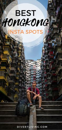 a man sitting on the steps in front of some buildings with text overlay reading best honkona insta spots