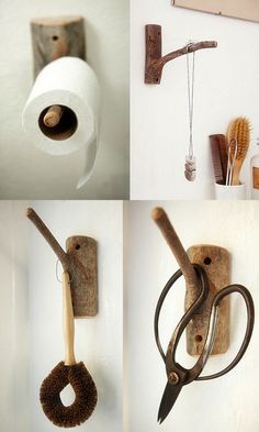 four different pictures of bathroom items hanging on the wall, including toilet paper and scissors