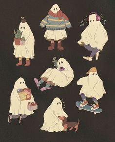 various images of ghost characters on skateboards and in sweaters, with one holding a bag