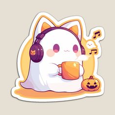 a cartoon cat with headphones holding a coffee cup and listening to music on the phone