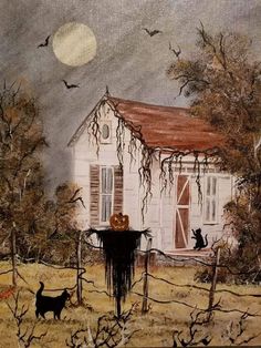 a painting of a house with bats flying around it