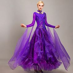 Flower Competition Dance Dress Standard Ballroom Wear Purple Fitted Dress For Ballroom, Fitted Ballroom Dress With Ruffles, Fitted Ruffle Dresses For Ballroom, Fitted Ruffles Dresses For Ballroom, Viennese Waltz Dress, Blue Ballroom, Traditional Girl, Waltz Dress, Viennese Waltz