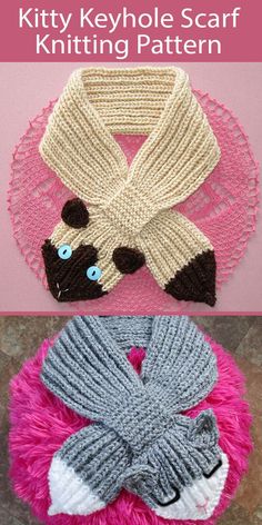 two knitted scarves with text that says, kitty keyhole scarf knitting pattern