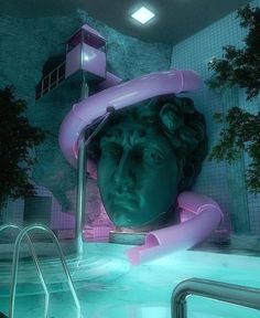 a statue in the middle of a pool with a pink ring around it's neck