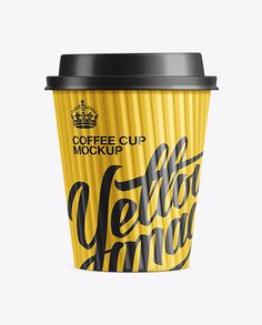 a yellow coffee cup mockup with black lettering