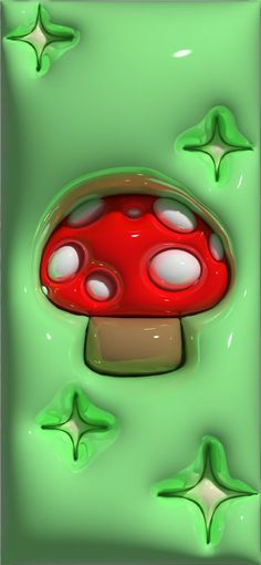 a red and green mushroom with white dots on it's face, surrounded by leaves