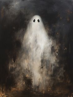 a painting of a ghost in the middle of a dark, foggy night with white light coming from its eyes