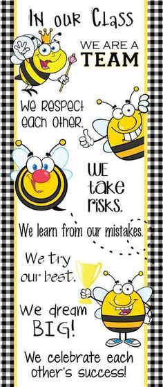 a sign that says in our class we are a team and two bees with checkered background