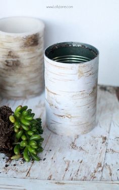 two white vases sitting next to each other on top of a wooden table covered in dirt