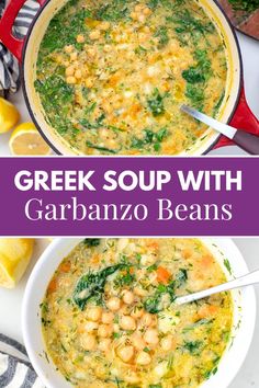 greek soup with garbanzo beans in a white bowl