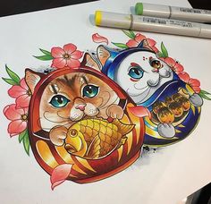 a drawing of two cats and a fish with flowers on the side, one cat is holding a fish in its mouth