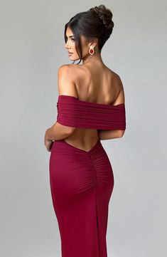 Whether itâ€™s date night or girlsâ€™ night, capture all attention in the Belinda maxi dress. Made in super smooth, slinky fabric that moulds to your body, this double layered design features an off the shoulder, bardot neckline that's gathered. It's complete with an open low back with ruched detailing. Looks amazing paired with tonal heels and gold jewellery.     Colour: Burgundy.  Stretch double layered slinky fabric.  Fully lined.  Gathered, bardot neckline.  Hugs the figure.  Super sculpted Burgundy Evening Dress, Burgundy Maxi Dress, Backless Evening Dress, Maxi Dress Prom, Women's Evening Dresses, Solid Color Dress, High Quality Dress, Bodycon Dress Parties