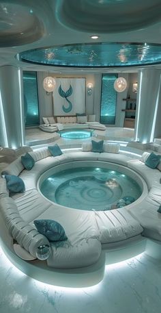 a living room filled with white couches and a round hot tub in the center