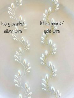 the words ivory pearls, silver wire and gold wire on a white plate with leaves