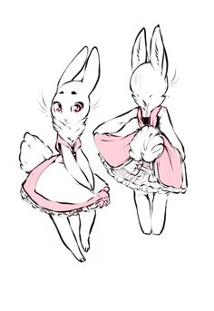 a drawing of two rabbits dressed in pink dresses