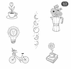 four different things that are drawn in black and white, including flowers, books, coffee mug