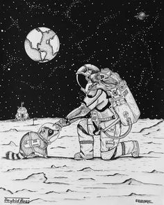 a drawing of an astronaut and his dog on the moon