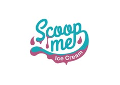 the scoop me ice cream logo is blue and pink, with drops of liquid coming out of it