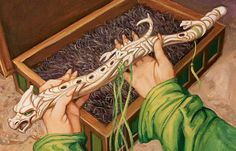 a painting of a person holding an animal in a wooden box with grass growing out of it