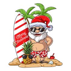 a cartoon santa clause holding a surfboard and pineapple on the beach with palm trees