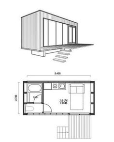 the floor plan for a tiny house with an attached bathroom and living room, as well as