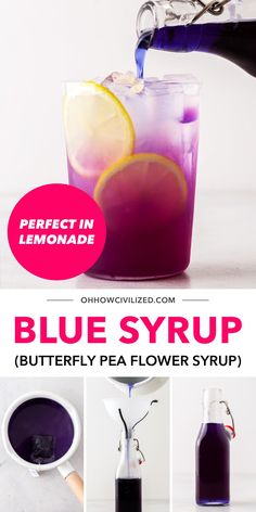 blue syrup being poured into a pitcher with lemons in it and the words perfect in lemonade below