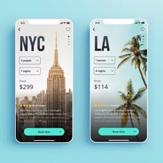 two smartphones with the same app on them, one showing an image of a city and