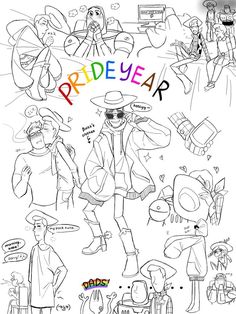 a drawing of people in hats and clothes with the words pride year written on them