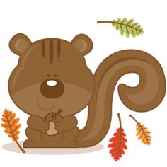 a cartoon squirrel with an acorn on it's back and leaves around him