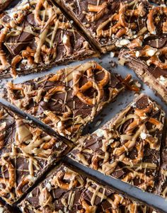 chocolate caramel pretzel barkle bars are cut into squares and stacked on top of each other