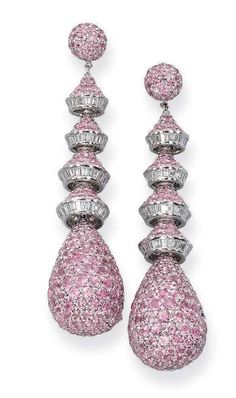 Feature 7.4ct Lab Created Pink Sapphire and Baguette CZ Pear Drop Dangle Earring Sapphire And Diamond Earrings, Couture Jewelry, John Hardy, Sapphire Earrings, Sapphire Jewelry, Van Cleef, 925 Jewelry, Pink Sapphire, Lalique